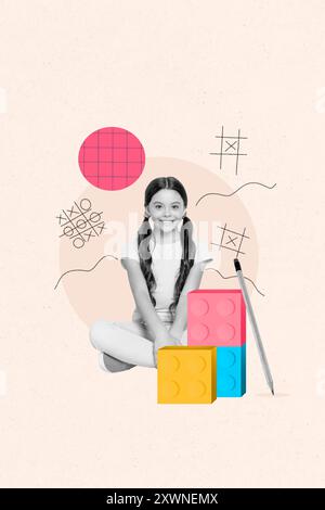 Immagine collage schizzo retrò di divertente ragazza TIC tac Toe gioco giorno scolastico bambini educazione concetto rivista affissioni fumetti zine minimal Foto Stock