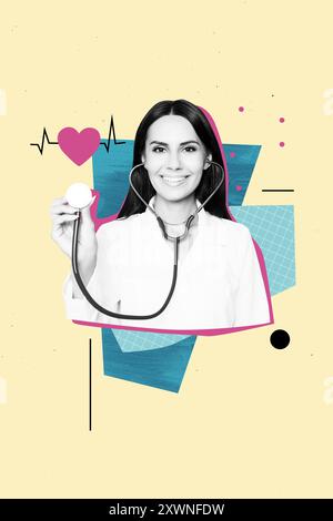 Grafica di tendenza composita immagine 3D collage fotografico di silhouette monocromatica giovane donna medico infermiere stetoscopio ascoltare cardiogramma battito cardiaco Foto Stock