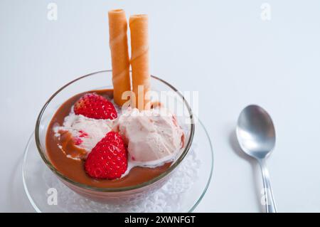 Gelato alla fragola con salsa al cioccolato. Vista ravvicinata. Foto Stock