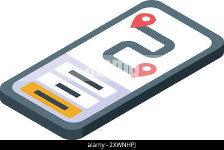 Smartphone isometrico che mostra la strada verso la destinazione con due pin rossi Illustrazione Vettoriale