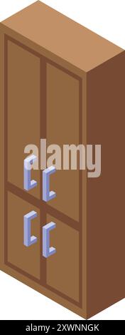 Armadio in legno con porte chiuse per conservare abiti e accessori, isolato su sfondo bianco in stile isometrico 3d. Illustrazione Vettoriale