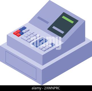 Vecchio registratore di cassa fisso che mostra la vista isometrica dell'importo totale Illustrazione Vettoriale