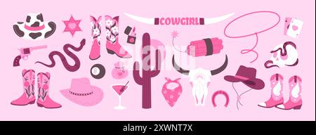 Accessori rosa per cowgirl. Stile femminile, elementi in stile WESTERN selvaggio. Teschio animale, cappelli stivali dinamite e pistola. Cartoon western racy clipart Illustrazione Vettoriale