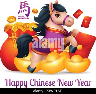 Simbolo o simbolo dell'anno del cavallo con cavallino 3D, lingotti d'oro, illustrazione vettoriale delle monete. Traduzione : Cavallo Illustrazione Vettoriale