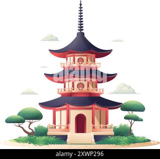 Pagoda cartoon in un paesaggio naturale giapponese con disegno vettoriale piatto Illustrazione Vettoriale