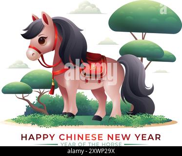 Carino Cavallo nel bellissimo paesaggio asiatico illustrazione vettoriale, anno del cavallo. Traduzione : Cavallo Illustrazione Vettoriale
