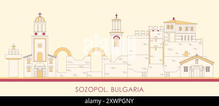 Cartoon Skyline panorama della città di Sozopol, Bulgaria - illustrazione vettoriale Illustrazione Vettoriale