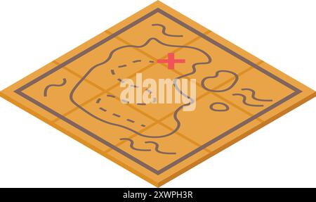 Vecchia mappa del tesoro che mostra la posizione di un tesoro contrassegnato da una x rossa Illustrazione Vettoriale