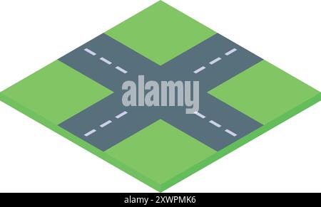 Vista isometrica di un incrocio che divide lo spazio verde con asfalto formando quattro uscite per un design minimalista e geometrico Illustrazione Vettoriale