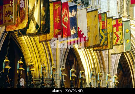 Banner e caschi simbolico dell'Ordine di San Patrizio nel coro della cattedrale di San Patrizio, Dublino, Irlanda Foto Stock