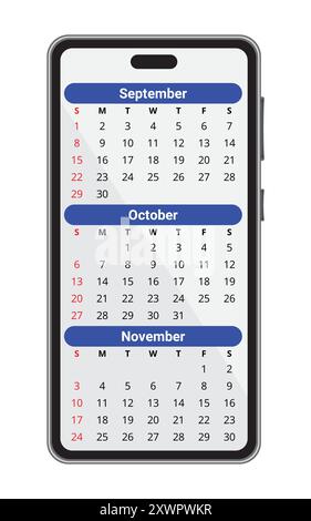 Telefono cellulare con calendario per 2024 anni e mesi autunnali: settembre, ottobre, novembre. Illustrazione vettoriale Illustrazione Vettoriale