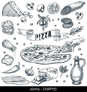 Set di pizza e ingredienti italiani, isolati su sfondo bianco. Illustrazione dello schizzo vettoriale disegnata a mano. Ricette di cucina o menu pizzeria design elemen Illustrazione Vettoriale