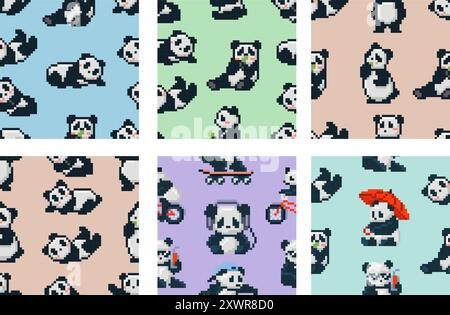 I panda pixel art hanno un motivo senza cuciture. Simpatici panda retrò a 8 bit, stampa kawaii animalier per carta da imballaggio, carta da parati per bambini o tessuti di abbigliamento Illustrazione Vettoriale
