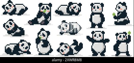 Orso di panda pixel art. Simpatici panda retrò a 8 bit mascotte animalier con pixel in varie pose, adesivi in stile videoludico retrò anni '90. Orsi cinesi di bambù Illustrazione Vettoriale