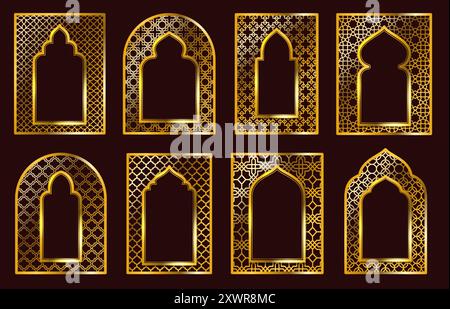 Cornici ornamentali arabe. Porte islamiche tradizionali o cornice ad arco con motivi arabi con ornamenti dorati. Cancello di lusso o architettura musulmana Illustrazione Vettoriale