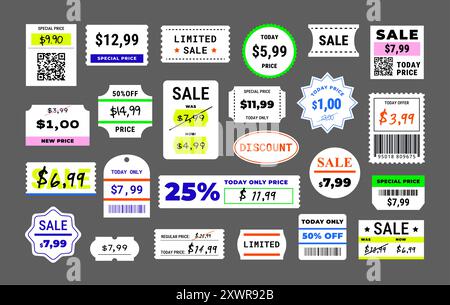 Adesivi sui prezzi. Etichette dei prezzi di vendita ed etichette di sconto, adesivi promozionali e modelli di badge di offerta speciale per il set di vettori pubblicitari di marketing Illustrazione Vettoriale