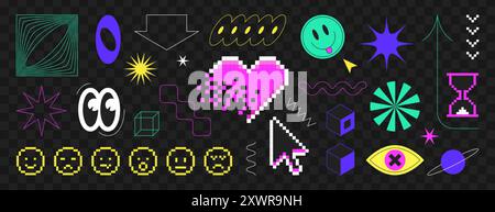 Set di adesivi y2k pixel art in stile retrò a 8 bit. Sorridi, occhi, linee, cuore d'amore e brutalismo forme geometriche. Elementi cyberpunk, figure semplici, stelle e forme wireframe su sfondo nero. Illustrazione Vettoriale