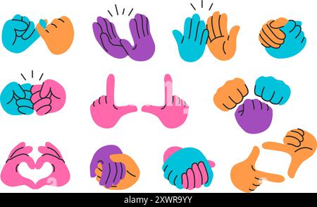 Mani che si tengono unite. Cinque alti, applausi applausi e batti, stretta di mano, ritaglio a due mani e set di vettori per gesti a forma di cuore Illustrazione Vettoriale