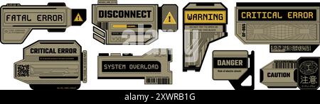 Modelli di decalcomanie cyberpunk. Segnali di avvertenza di errore critico e irreversibile ad alta tecnologia, adesivo di sovraccarico del sistema, scollegamento digitale e errori di avvertenza di pericolo Illustrazione Vettoriale