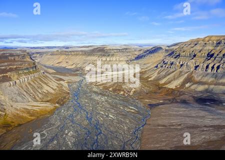 Vista aerea sul delta del fiume a Skansbukta nell'esterno Billefjorden / Billefjord, a sud-est di Dickson Land, Svalbard / Spitsbergen, Norvegia Foto Stock