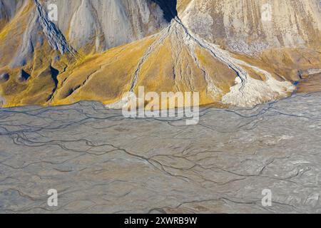 Vista aerea sul delta del fiume a Skansbukta nell'esterno Billefjorden / Billefjord, a sud-est di Dickson Land, Svalbard / Spitsbergen, Norvegia Foto Stock