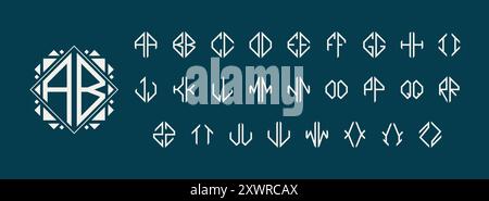 Kit monogramma Diamond a due lettere. Stemma con iniziali rombi con caratteri geometrici alfabetici. Timbro di etichetta individuale tipografia personalizzabile Illustrazione Vettoriale