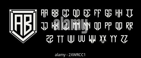 Kit monogramma con schermatura a due lettere. Iniziali coppia di lettere, carattere alfabetico geometrico per il design personalizzato dell'emblema a scudo. Modello vettoriale di branding di sicurezza Illustrazione Vettoriale