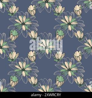 Motivo floreale senza cuciture con fiori beige e verdi su sfondo grigio illustrazione vettoriale Illustrazione Vettoriale