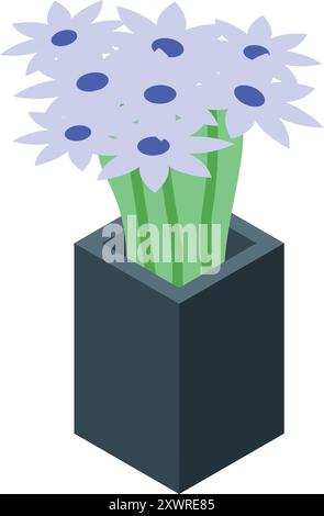 Bouquet di fiori blu con steli sottili in alto ed elegante vaso scuro, decorazioni primaverili Illustrazione Vettoriale