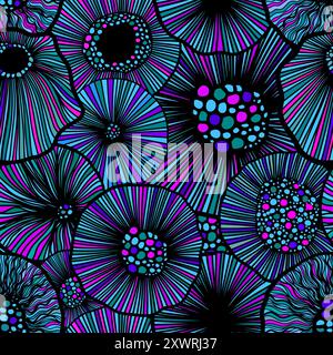 Grafica con cerchi blu/nero/viola. Sfondo senza interruzioni. Motivo grafico a fiori rotondi senza cuciture. disegno a mano. Non IA. Illustrazione vettoriale Illustrazione Vettoriale