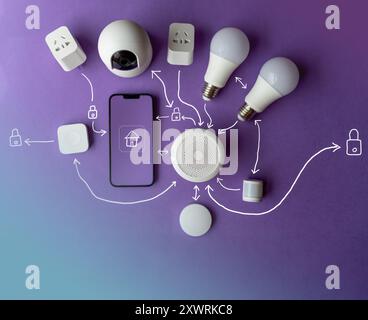 Dispositivi domestici intelligenti e automazione domestica. Telecomando dello smartphone. Sfondo sfumato. internet delle cose. Foto Stock