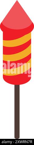 Razzo per fuochi d'artificio in piedi su bastone di legno, dispositivo pirotecnico per creare esplosioni colorate Illustrazione Vettoriale