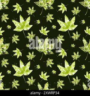 Illustrazione delle foglie d'acero lievitante giallo-verde isolata su sfondo nero. Foglie volanti con spruzzi di acquerello e macchie. Stampe a foglia senza cuciture Foto Stock