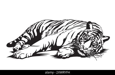 Tiger Sleeping disegno a mano stile incisione illustrazione vettoriale. Illustrazione Vettoriale