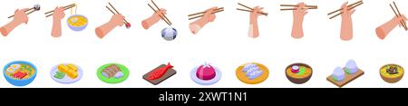 Set di icone con le mani e le bacchette. Questo set di icone isometriche illustra varie cucine asiatiche che vengono gustate con le bacchette Illustrazione Vettoriale