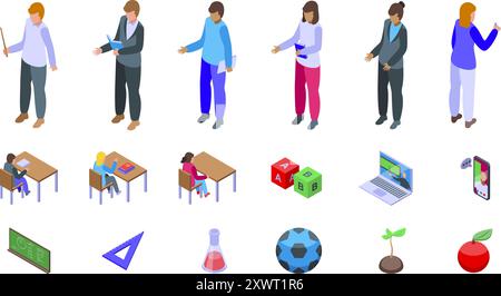 Gli insegnanti spiegano il set di icone. Insegnanti che impartiscono lezioni agli studenti in classe e in remoto con le moderne icone isometriche 3d per il Web, i dispositivi mobili e le infografiche Illustrazione Vettoriale