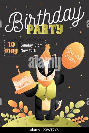 Invito per il compleanno dei bambini, simpatica volpe, palloncini festivi e un regalo. Vettore Illustrazione Vettoriale