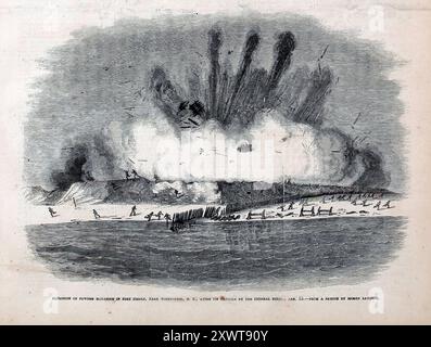 Esplosione di Powder Magasie a Fort Fisher, vicino a Wilmongton, Carolina del Nord, dopo la cattura da parte delle forze federali. 15 gennaio 1865. Illustrazione storica vintage americana del XIX secolo. Foto Stock