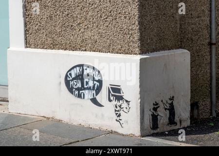 Mi dispiace Banksy New Cat in Town graffiti a Kirkwall sulla terraferma delle Orcadi. Foto Stock