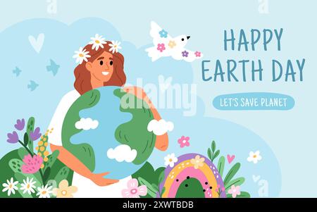 Poster della giornata mondiale della Terra. Una bella donna tiene il globo. Una ragazza carina abbraccia il pianeta. Natura fiorente. Protezione ecologica. Conservazione dell'ambiente. Eco Illustrazione Vettoriale