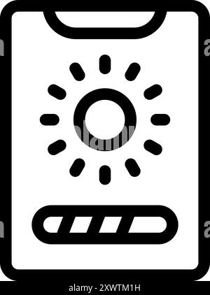 Semplice icona a forma di linea in grassetto di uno smartphone che visualizza un'icona del sole e una barra di caricamento, perfetta per rappresentare un'app meteo Illustrazione Vettoriale