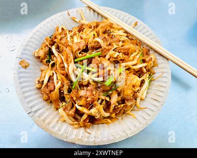 Piatto di deliziosi spaghetti Char Kway Teow speziati e carne e verdure fritte e così buono Foto Stock