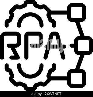 Icona vettoriale line art dell'acronimo rpa per l'automazione dei processi robotici, con un ingranaggio e un flusso di processo Illustrazione Vettoriale