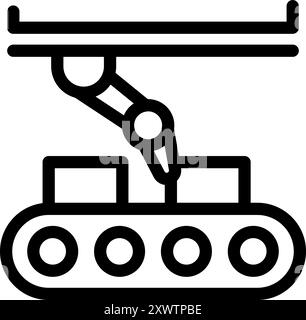 Il braccio robotizzato posiziona le scatole su un nastro trasportatore in una fabbrica moderna Illustrazione Vettoriale