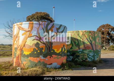 Native Trees Water Tank Art di Christian Vines, Mickleham, Victoria, Australia Foto Stock