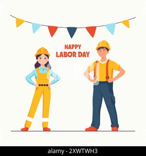 Operai edili uomo, donna. Concetto di Festa del lavoro. Lavoratori di sesso maschile e femminile che indossano caschi di sicurezza. Lavoratori edili, illustrazione del lavoro di squadra per il lavoro Illustrazione Vettoriale