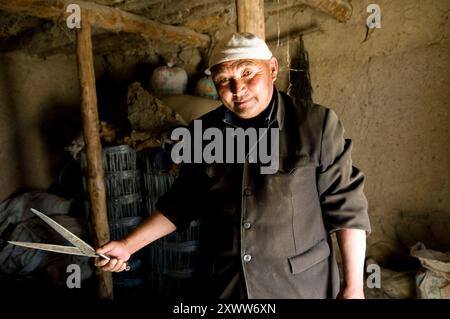 Un amico kazako taglia la lana delle sue pecore. Foto Stock