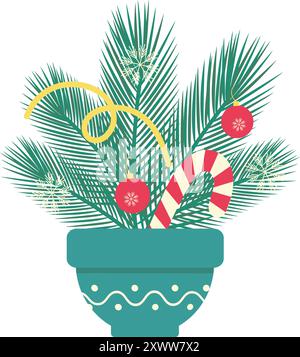 Rametti di abete rosso, bastoncini di caramelle, fiocchi di neve, serpentina e giocattoli di Natale in vaso di fiori bouquet di Capodanno in tonalità alla moda. Carta da parati, carta da imballaggio o Web, poster, striscioni, biglietti, etichetta, etichetta illustrazione vettore Illustrazione Vettoriale
