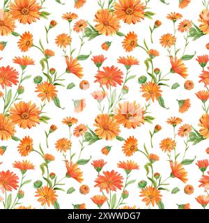 Splendido motivo floreale senza cuciture con fiori luminosi ad acquerello dipinti a mano. Alendula arancione su sfondo bianco. Illustrazione della confezione Foto Stock