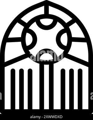 Semplice disegno in linea di una finestra ad arco della chiesa con vetrate colorate raffiguranti un simbolo religioso Illustrazione Vettoriale